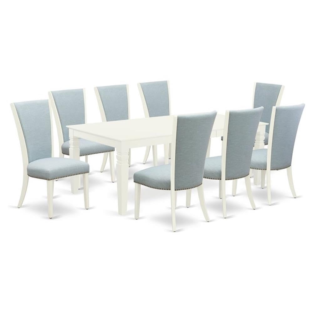 East West Furniture Lgve9-Lwh-15 9 Piece Dining Set Includes A Rectangle Dining Room Table With Butterfly Leaf And 8 Baby Blue Linen Fabric Upholstered Chairs, 42X84 Inch, Linen White