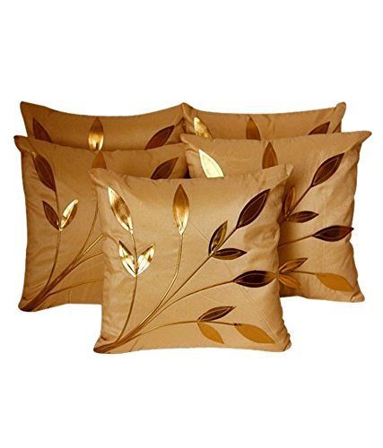 Msenterprises Gold Leaf Design Cushion Covers For Sofa & Living Room (40 X 40 Cm, Set Of 5)