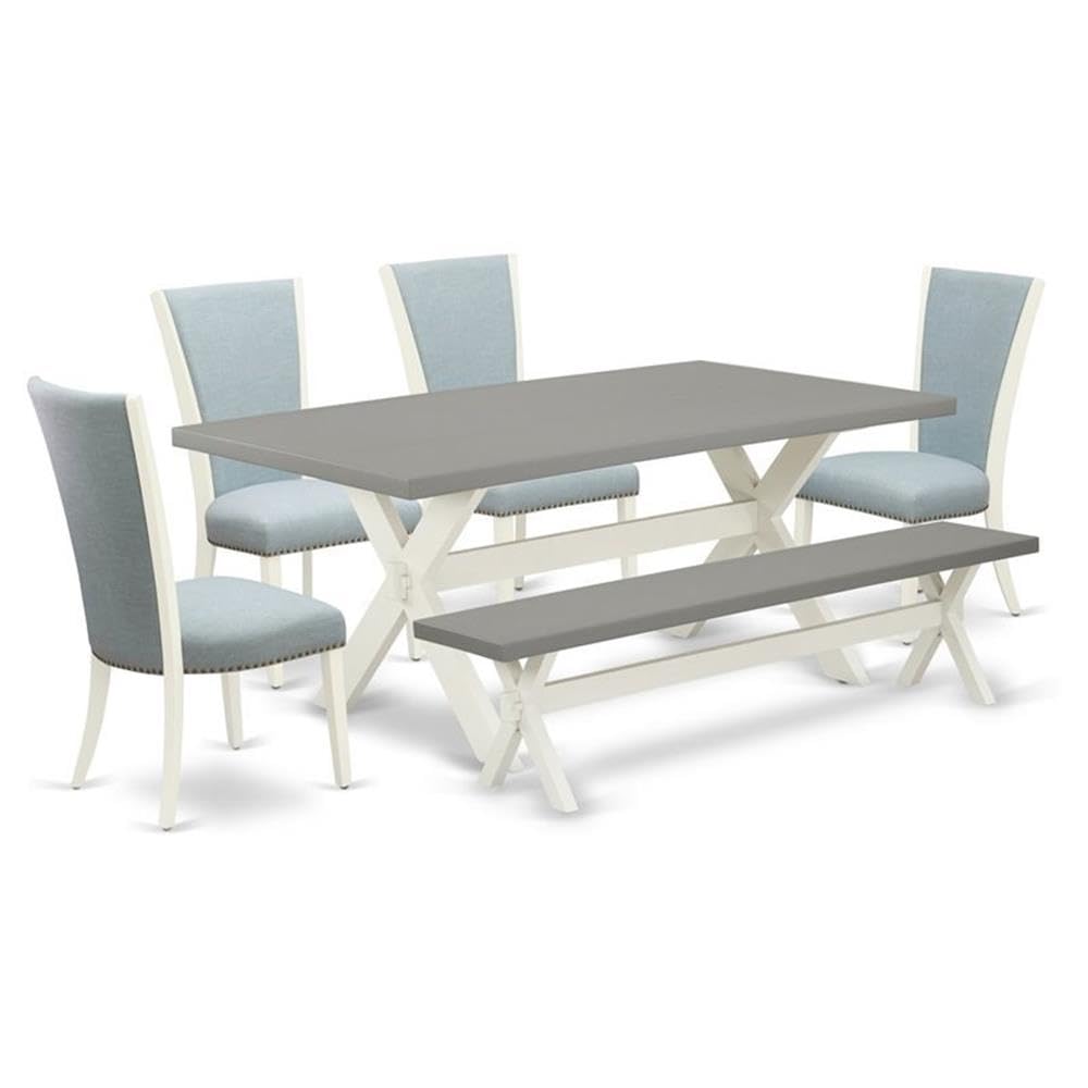 East West Furniture X097VE215-6 6 Piece Kitchen Table Set Contains a Rectangle Dining Table with X-Legs and 4 Baby Blue Linen Fabric Parson Chairs with a Bench, 40x72 Inch, Multi-Color