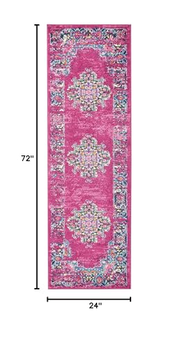 HomeRoots 100% Polypropylene 2’ x 6’ Fuchsia and Blue Distressed Runner Rug