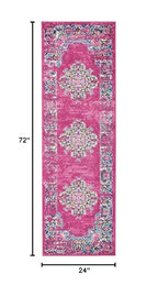 HomeRoots 100% Polypropylene 2’ x 6’ Fuchsia and Blue Distressed Runner Rug