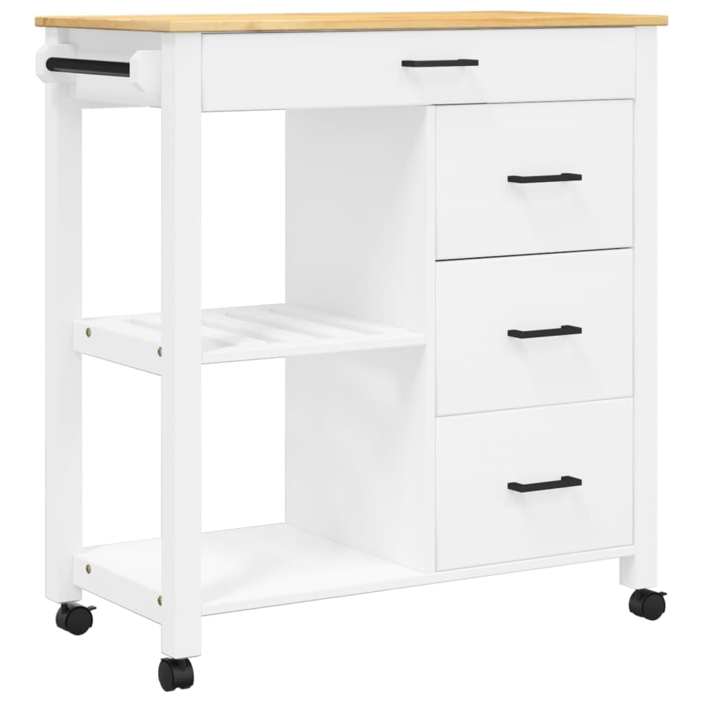 vidaXL Solid Pine Wood Kitchen Trolley - Rolling Cart with Drawers, Shelves and Wheels - White/Honey Wax Finish - 33.1x15.7x35.4 inch