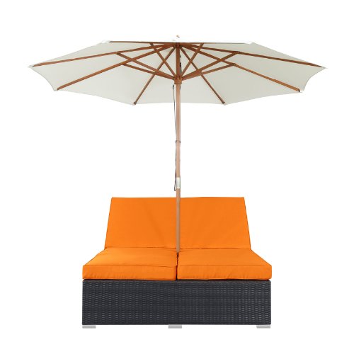 Modway Arrival Wicker Rattan Outdoor Patio Upholstered Double Chaise Lounge Chair In Espresso Orange With Umbrella