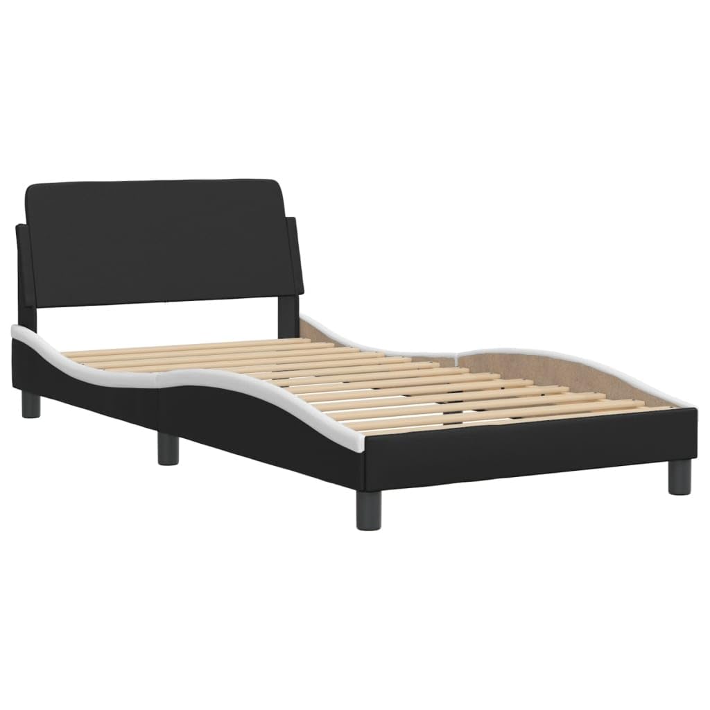 vidaXL Modern Single Bed Frame with Headboard - 39.4&quot;x79.9&quot; Faux Leather Black/White, Metal Support Legs, Plywood Slats