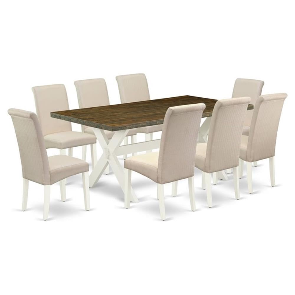East West Furniture X077Ba201-9 9 Piece Dining Set Includes A Rectangle Dining Room Table With X-Legs And 8 Cream Linen Fabric Upholstered Parson Chairs, 40X72 Inch, Multi-Color