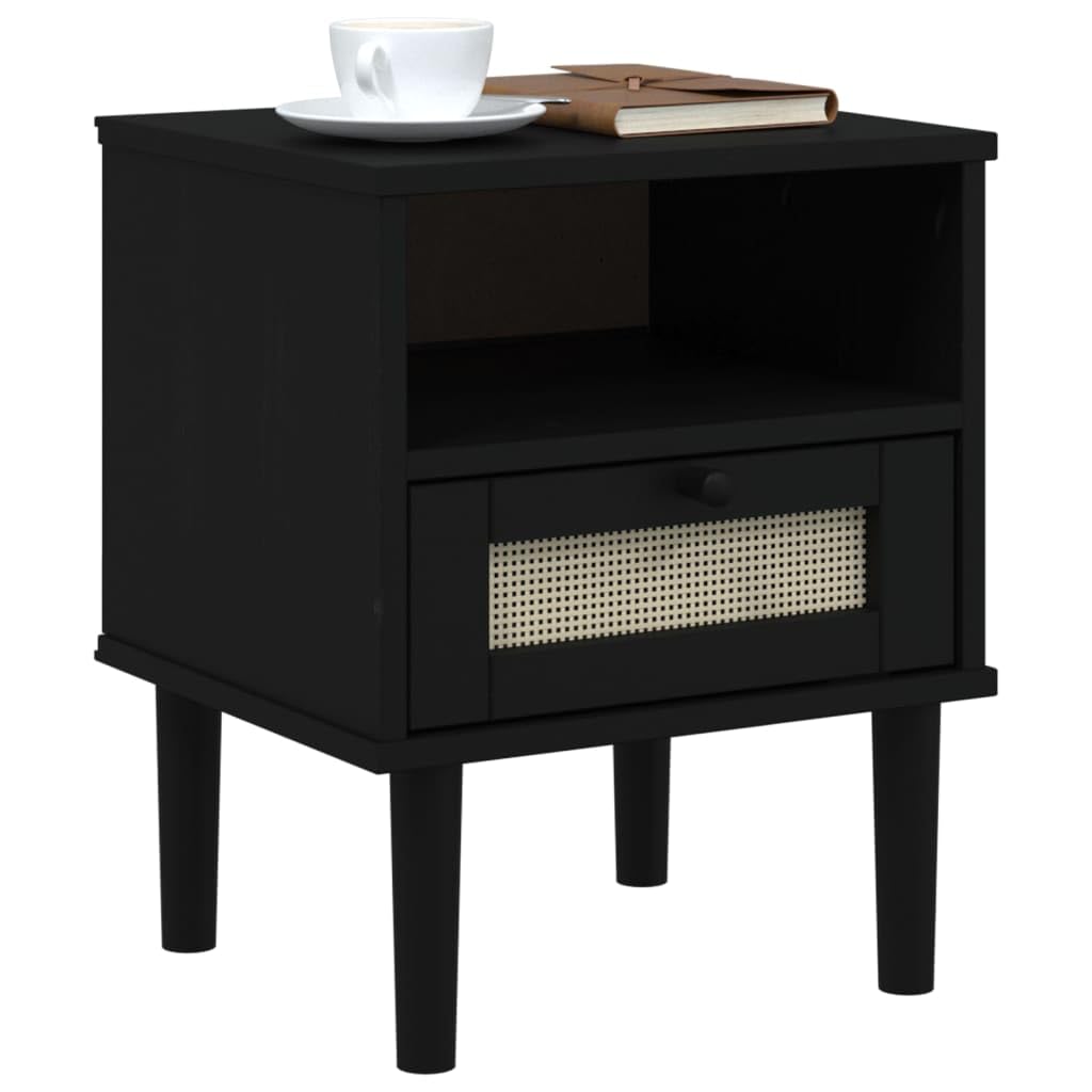 vidaXL SENJA Rattan Look Bedside Cabinet - Black Solid Pine Wood with UV Varnish Finish - Modern Styled Bedroom Furniture