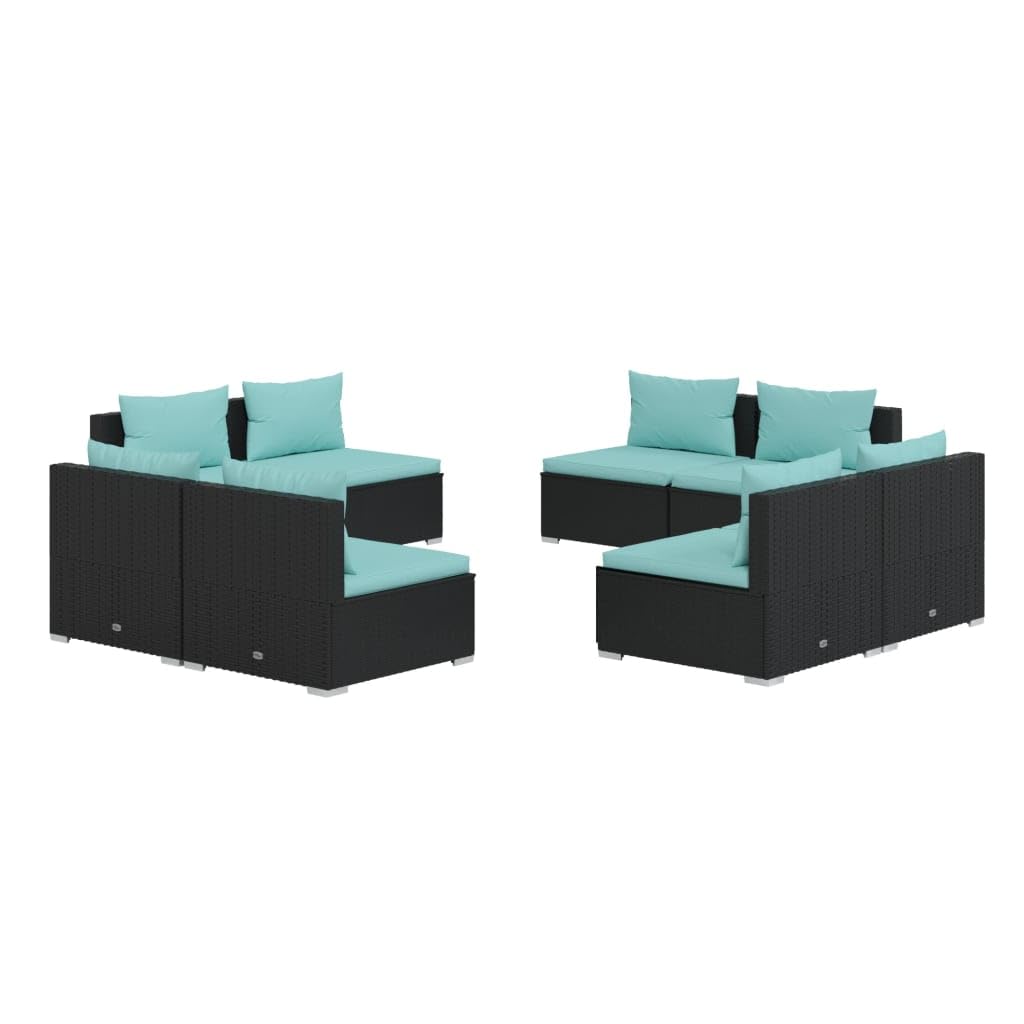 vidaXL Patio Lounge Set 8 Piece Modular Poly Rattan Black with Aqua Cushions for Garden, Deck, Poolside