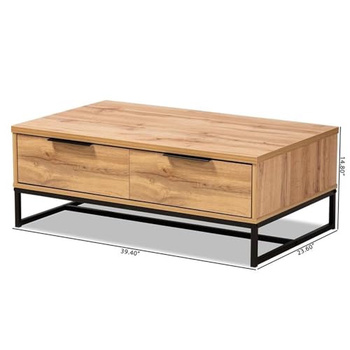 Baxton Studio Franklin Modern and Contemporary Oak Brown Finished Wood and Black Finished Metal 2-Drawer Coffee Table Brown/Wood