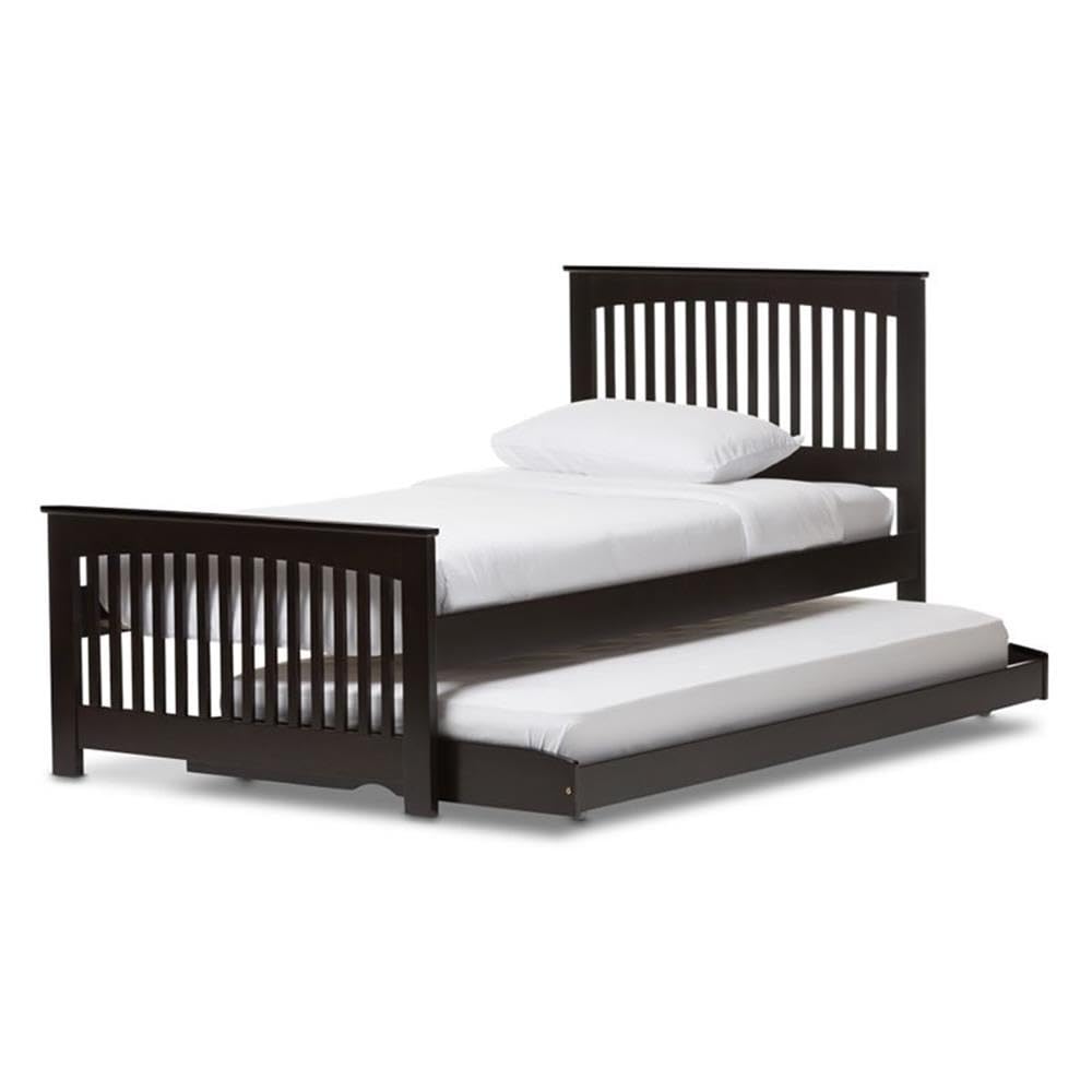 Baxton Studio Hevea Solid Wood Platform Bed with Guest Trundle Bed Twin/Dark Brown/Contemporary
