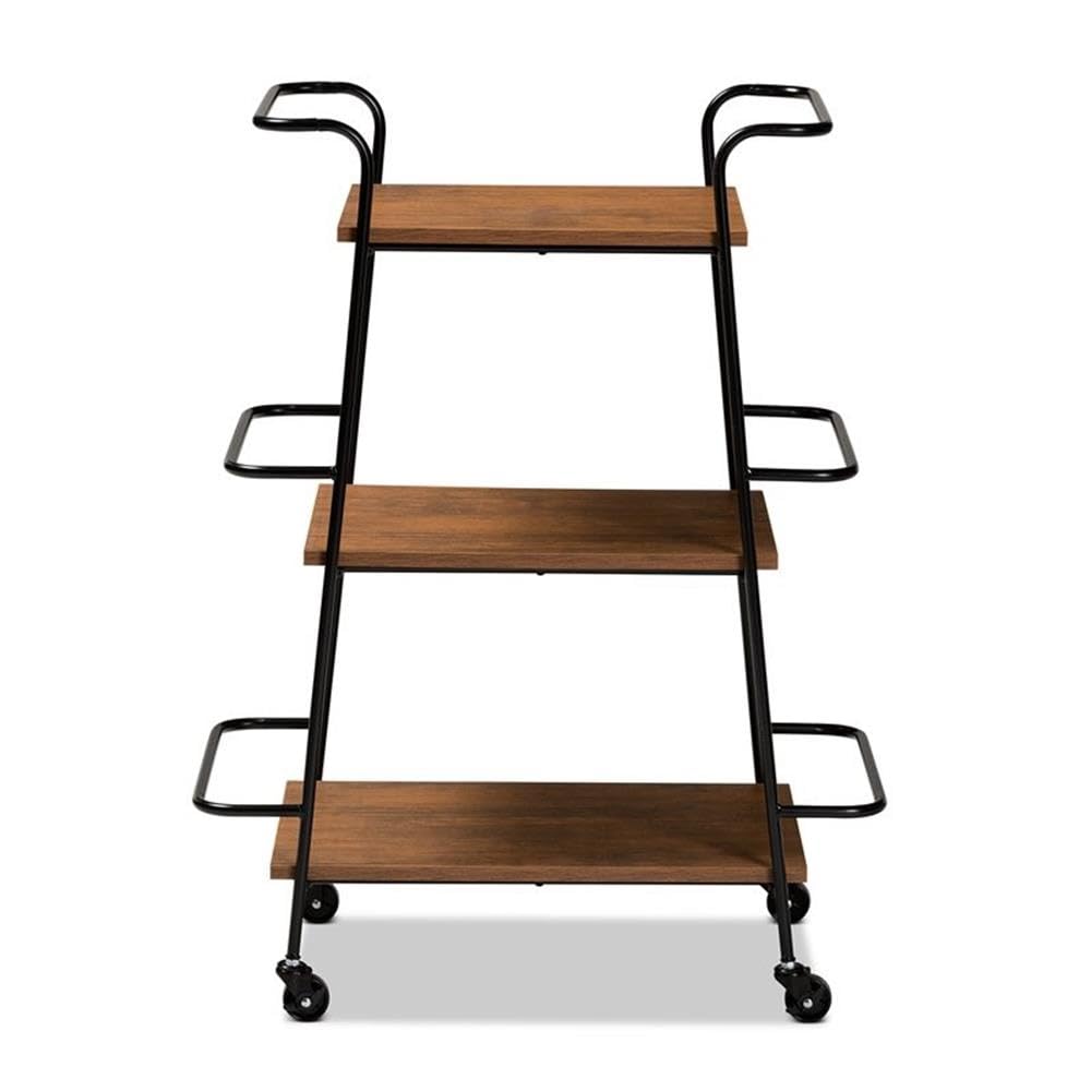 Baxton Studio Bernard Rustic Industrial Black Metal and Walnut Finished Wood 3-Tier Small Mobile Wine Bar Cart