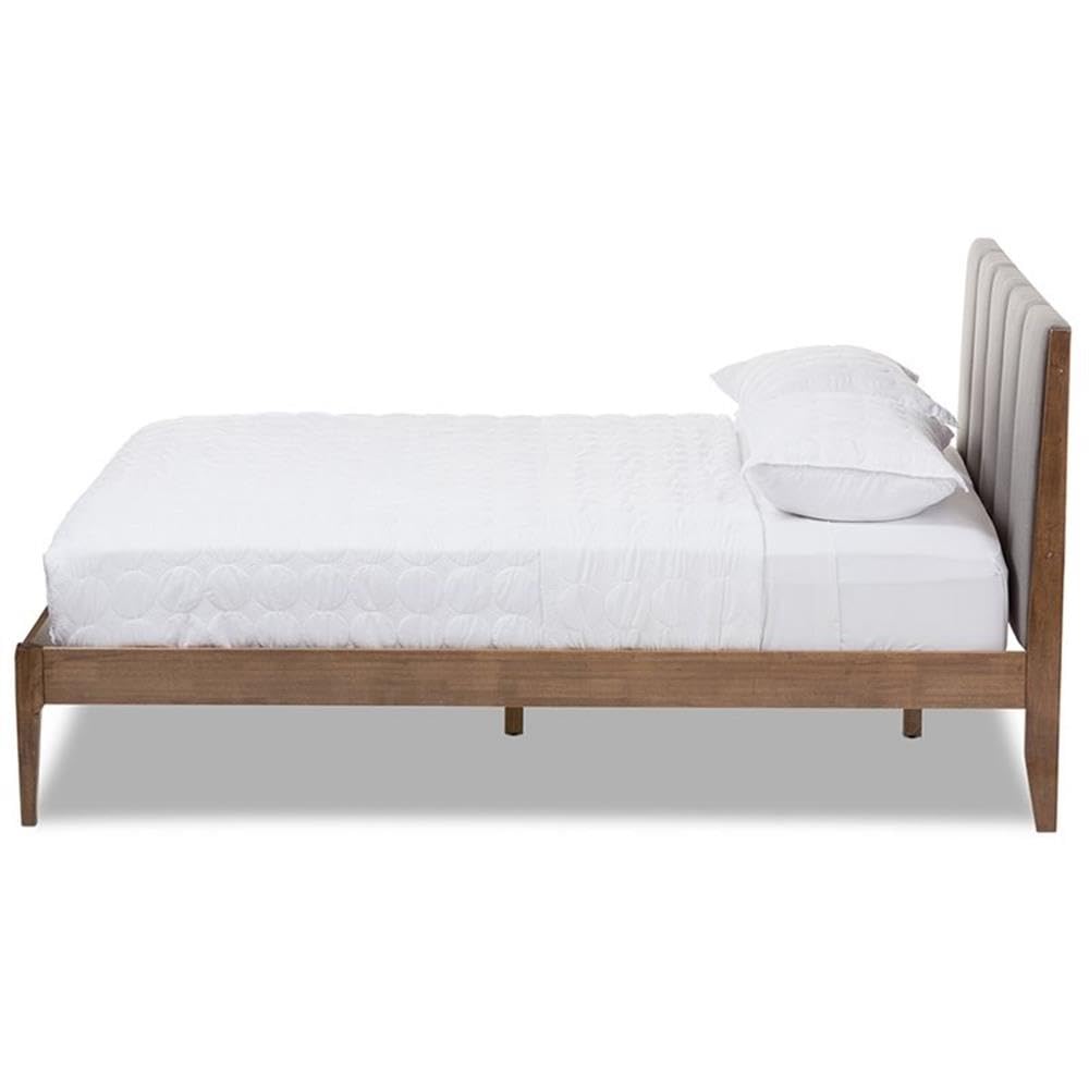 Baxton Studio Ember Mid-Century Light Grey Fabric and Medium Brown Finish Wood King Size Platform Bed