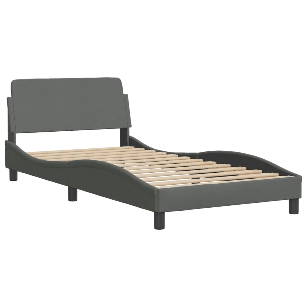 vidaXL Single Bed Frame with Headboard - Dark Gray Fabric, Plywood Slats, Metal & Pine Wood Construction, 39.4"x74.8"