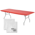 Kwik-Covers Rectangular Plastic Table Covers Bundle Of 10 With One Hundred Forty (140) Ohm Commerce Paper Napkins - Indoor Or Outdoor Fitted Table Covers (Table Not Included) (30X72 10 Pack, Red)