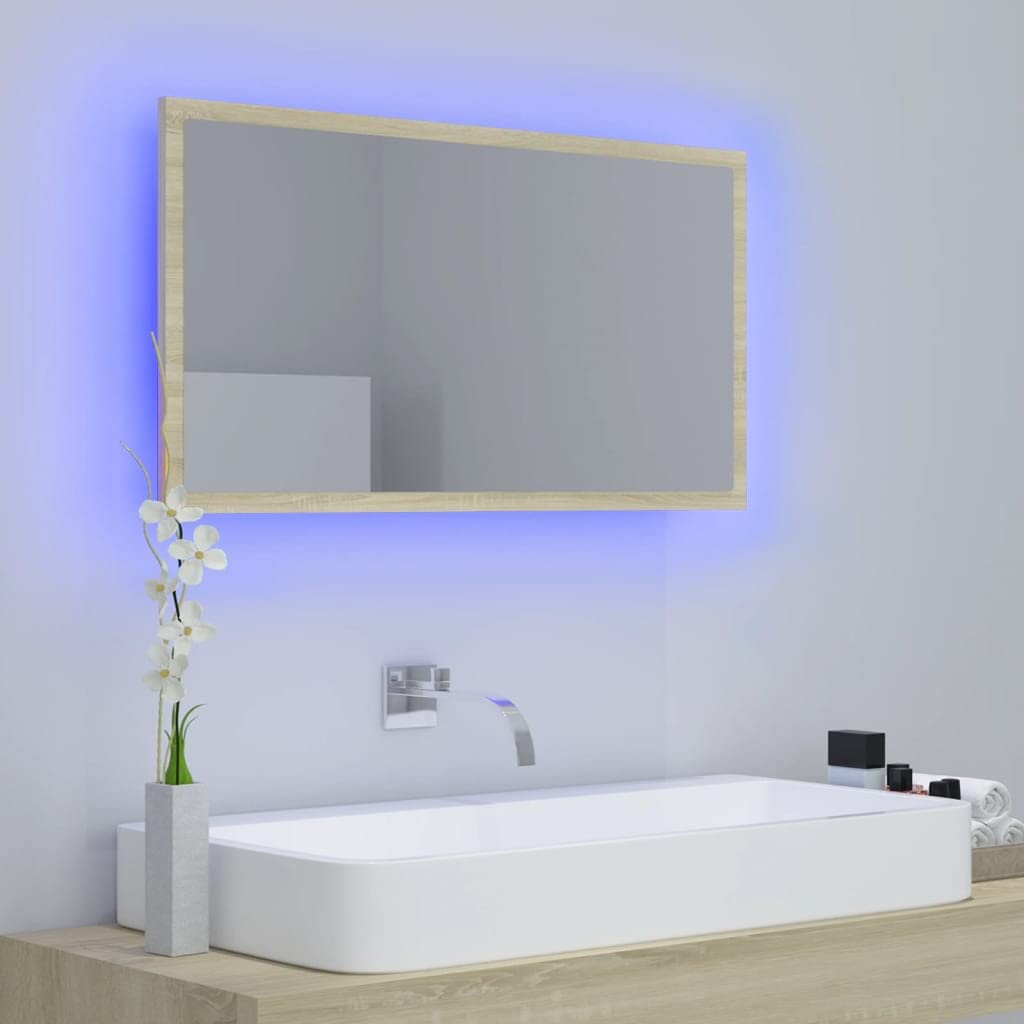 Vidaxl Led Bathroom Mirror, Sonoma Oak Finish, Rgb Adjustable Light, 31.5&quot;X3.3&quot;X14.6&quot;, Acrylic Material, Easy Clean, Versatile Orientation, Modern Design
