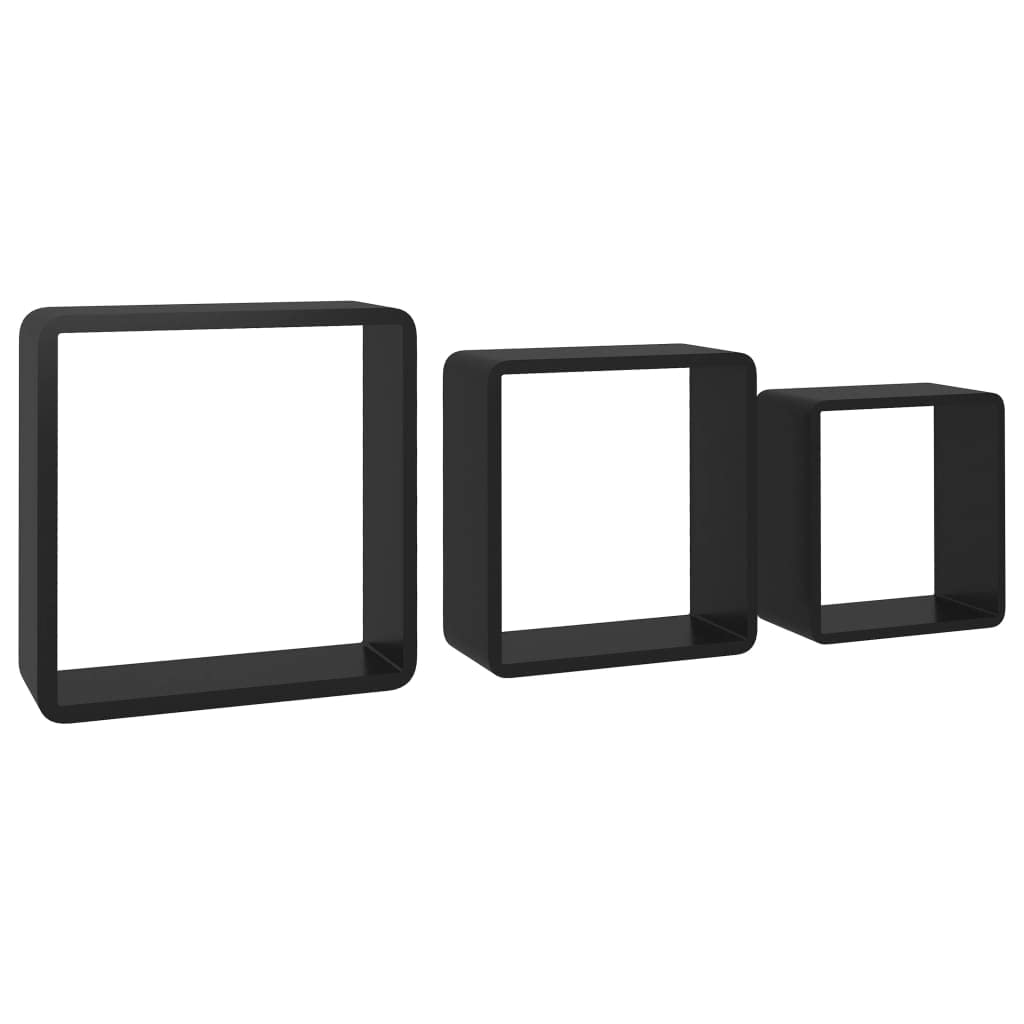 vidaXL Black Wall Cube Shelves Set of 3 - Durable MDF Material, Invisible Mounting System with Various Sizes for Different Room Display
