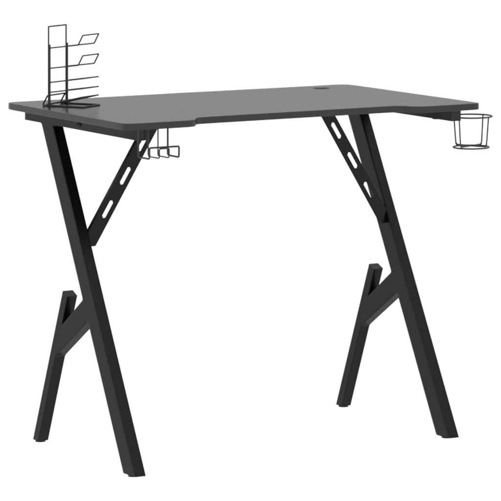 vidaXL Black Gaming Desk - Engineered Wood & Iron Y-Shaped Legs - Spacious PC Table with Cup/Headphone/Controller Holders for Office & Home