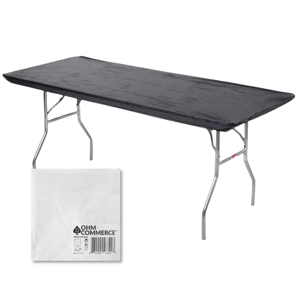 Kwik-Covers Rectangular Plastic Table Covers 8' Bundle Of 5 With Seventy (70) Ohm Commerce Paper Napkins - Indoor Or Outdoor Fitted Table Covers (Table Not Included) (30' X96' Black)