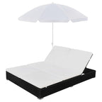 vidaXL Double Patio Lounge Bed - Weather-Resistant and Waterproof Poly Rattan Outdoor Sun Lounger with Umbrella and Adjustable Positions for Comfort - Black