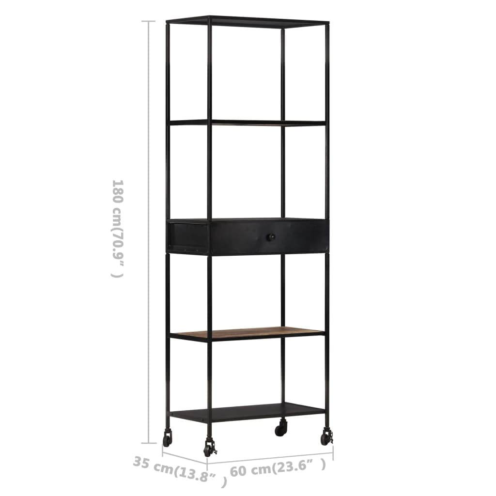 vidaXL Industrial Style Book Cabinet with Drawer - Rough Mango Wood & Black Powder-Coated Iron Stand - 23.6&quot;x13.8&quot;x70.9&quot;