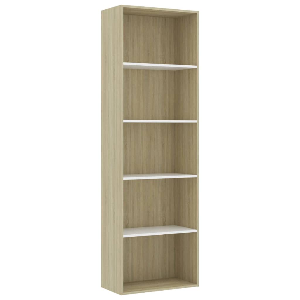 vidaXL Bookshelf, 5-Tier Book Cabinet Bookcase, Wall Bookshelf for Office, Freestanding Shelving Unit, Modern, White and Sonoma Oak Engineered Wood