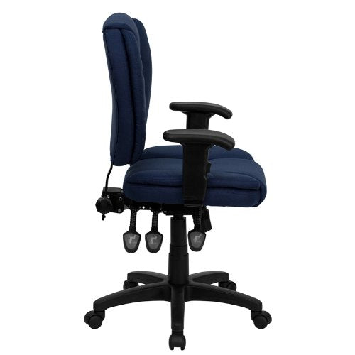 Flash Furniture Caroline Mid-Back Navy Blue Fabric Multifunction Swivel Ergonomic Task Office Chair with Pillow Top Cushioning and Arms