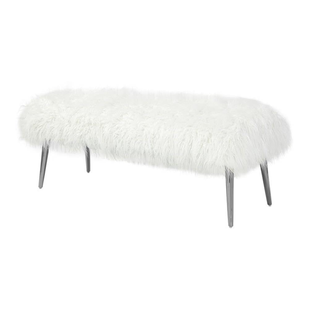 Pangea Home Lammy 17&quot; Modern Metal & Faux Fur Bench In White/Silver