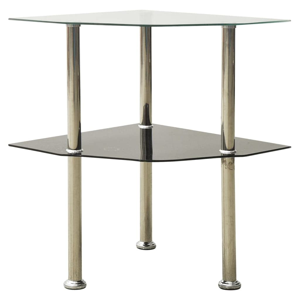 vidaXL Modern Side Table with 2-Tiers - Transparent and Black, Tempered Glass & Stainless Steel - Multi-Purpose Table with Extra