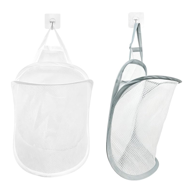 2 Pack Foldable Mesh Hanging Laundry Hamper Grey White
