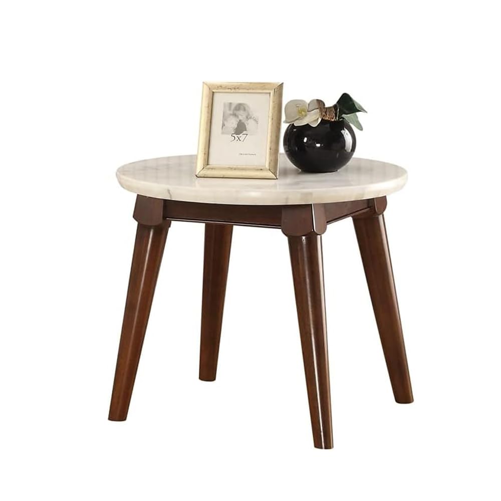acme AC-82892 End Table, 24" Dia x 22" H, White Marble & Walnut