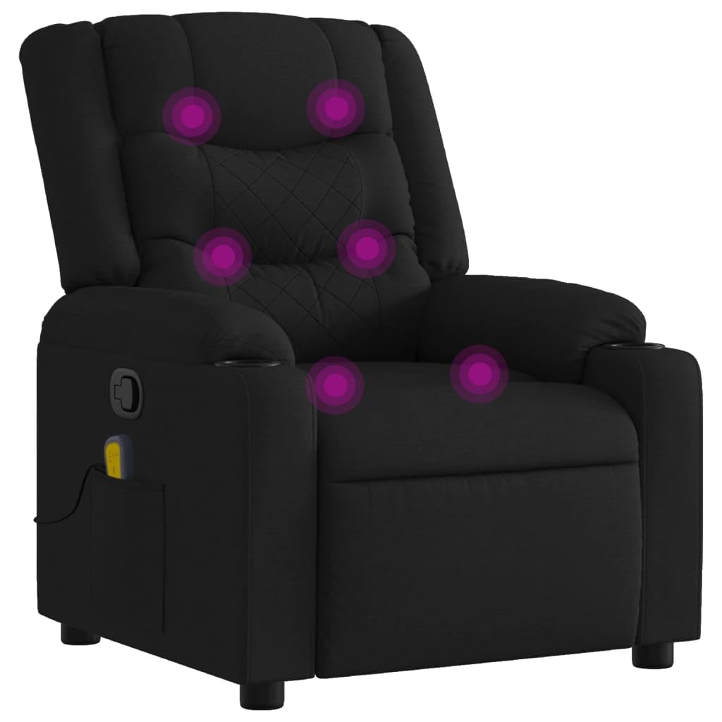 vidaXL Massage Recliner Chair - Black Fabric - Manual Adjustment - 6-Point Vibration - Cup Holders - Home, Office, Living Room