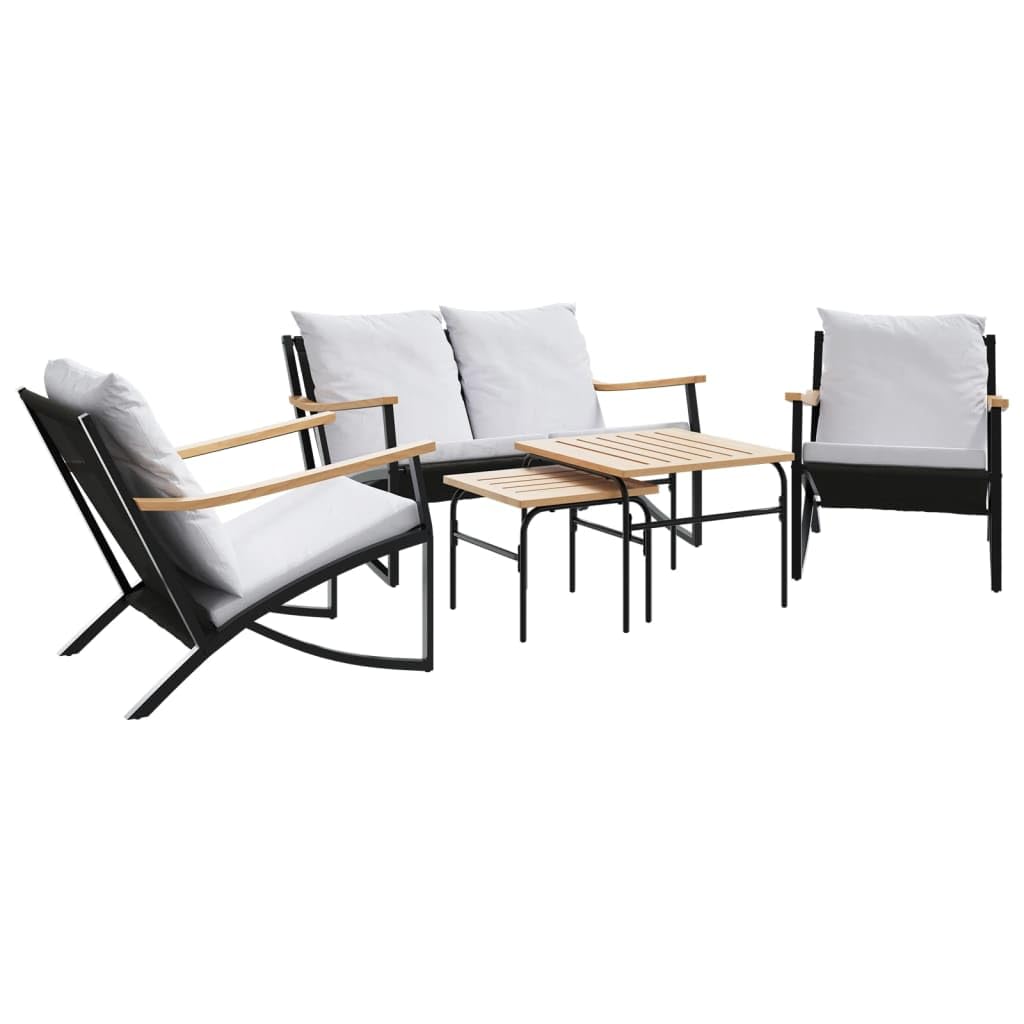 vidaXL 5 Piece Balcony Furniture Set - Black Steel with Light Gray Cushions, Outdoor Chair & Bench Seating for Patio/Garden/Terrace Combination Lounge Furniture