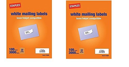 Staples White Mailing Labels For Laser Printers, 1 X 2.62 Inch, 100 Sheets, 3000 Labels, (2 Pack)