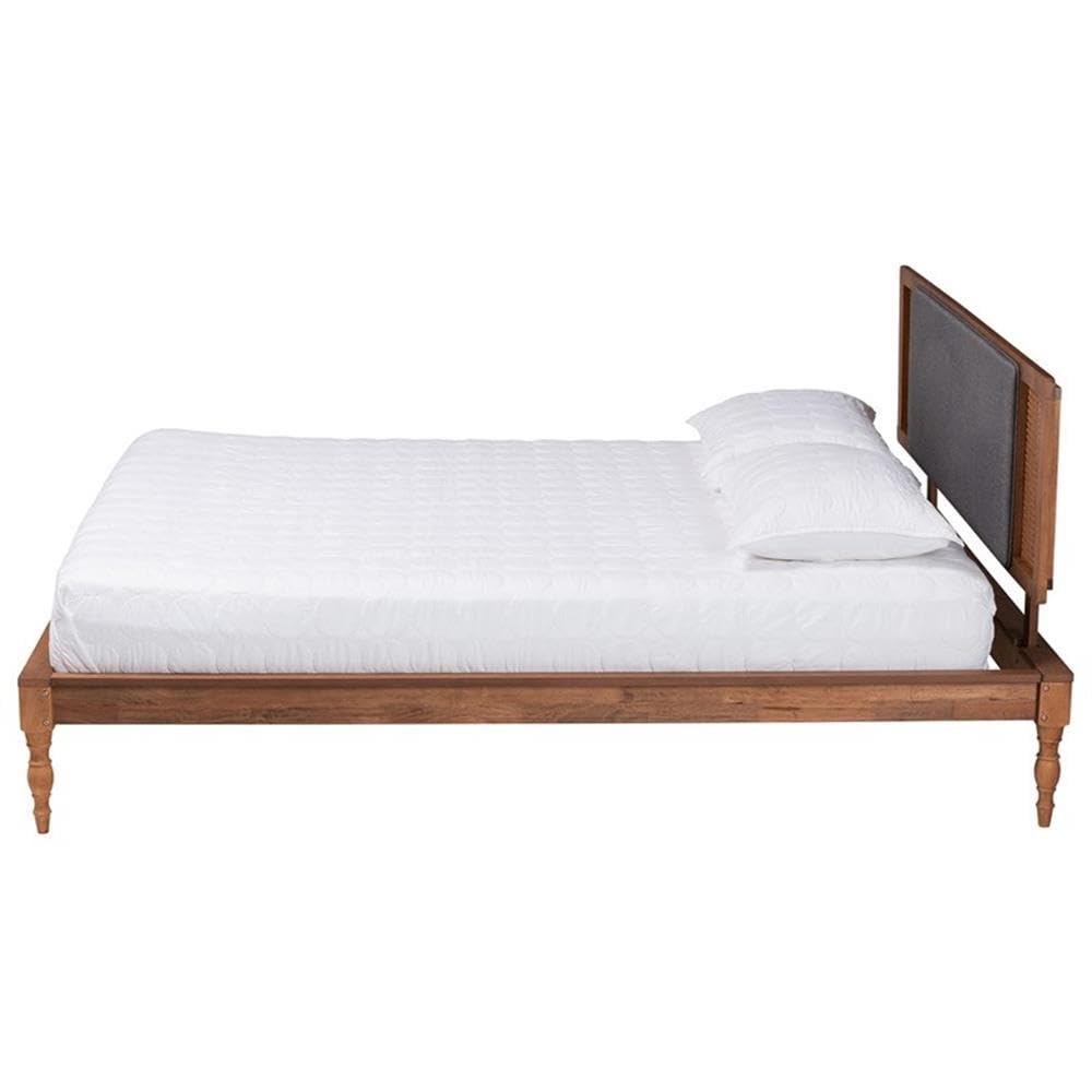 Baxton Studio Eliseo Mid-Century Modern Dark Grey Fabric and Walnut Brown Finished Wood Full Size Platform Bed