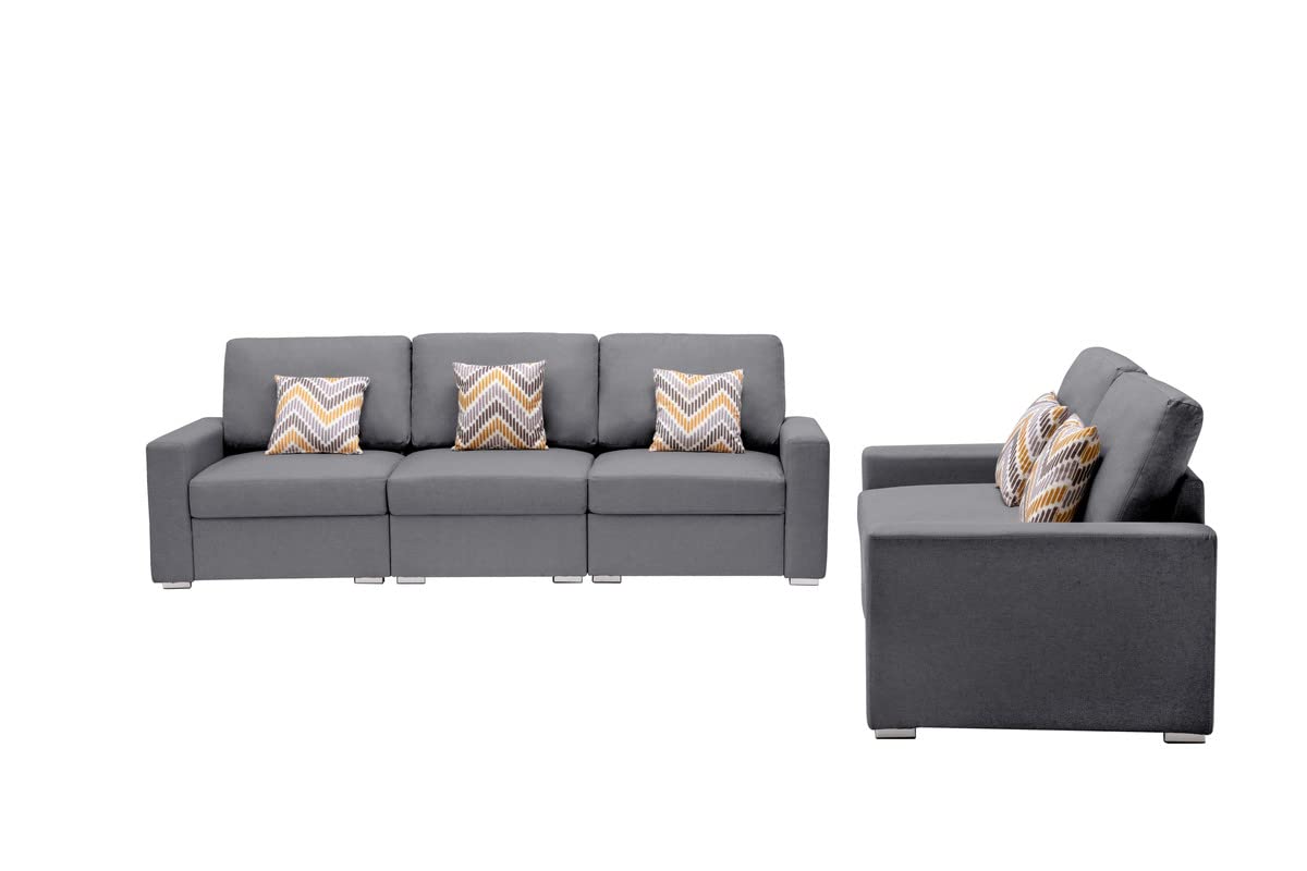 Lilola Home Nolan Gray Linen Fabric Sofa and Loveseat Living Room Set with Pillows and Interchangeable Legs