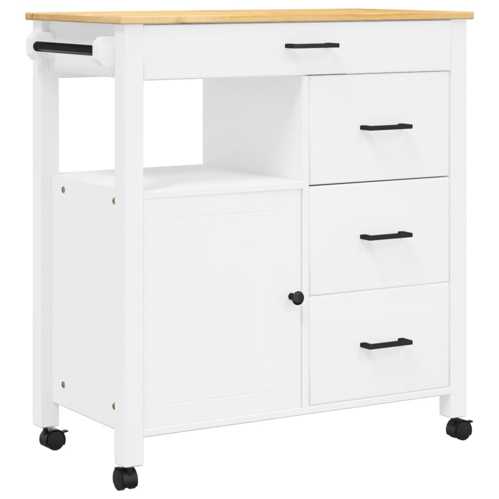 vidaXL Solid Pine Wood Kitchen Trolley - White/Honey Wax, Rolling Storage Cart with Drawers, Cabinet, and Wheels for Home Organization