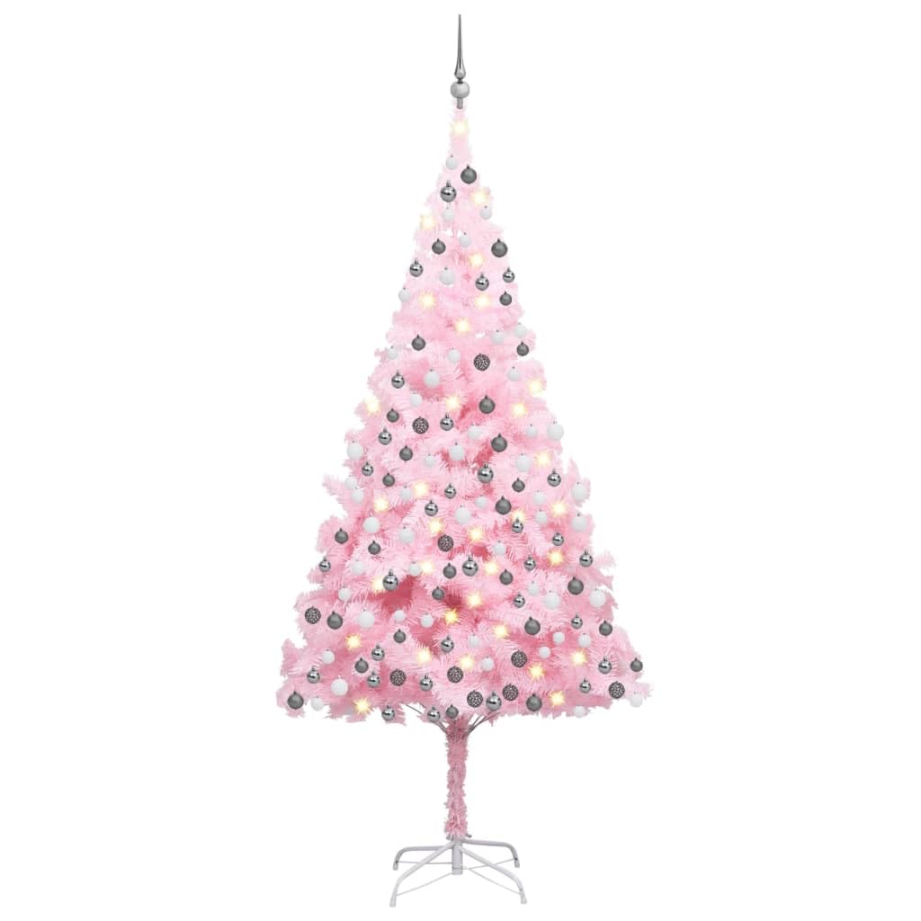 vidaXL 94.5&quot; Pink Artificial Christmas Tree with LEDs and Built-in Ball Set, PVC Material, Christmas Decoration for Home and Office