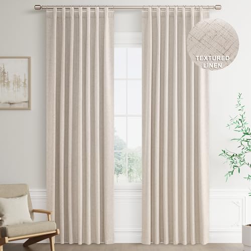 Joywell Oatmeal Tan Linen Full Blackout Curtains 90 Inch Long, Rod Pocket/Back Tab/Hook Belt/Clip Rings,Thermal Insulated Drapes For Bedroom Living Room Burlap With Hooks(2 Panels,52 X 90,Oatmeal)