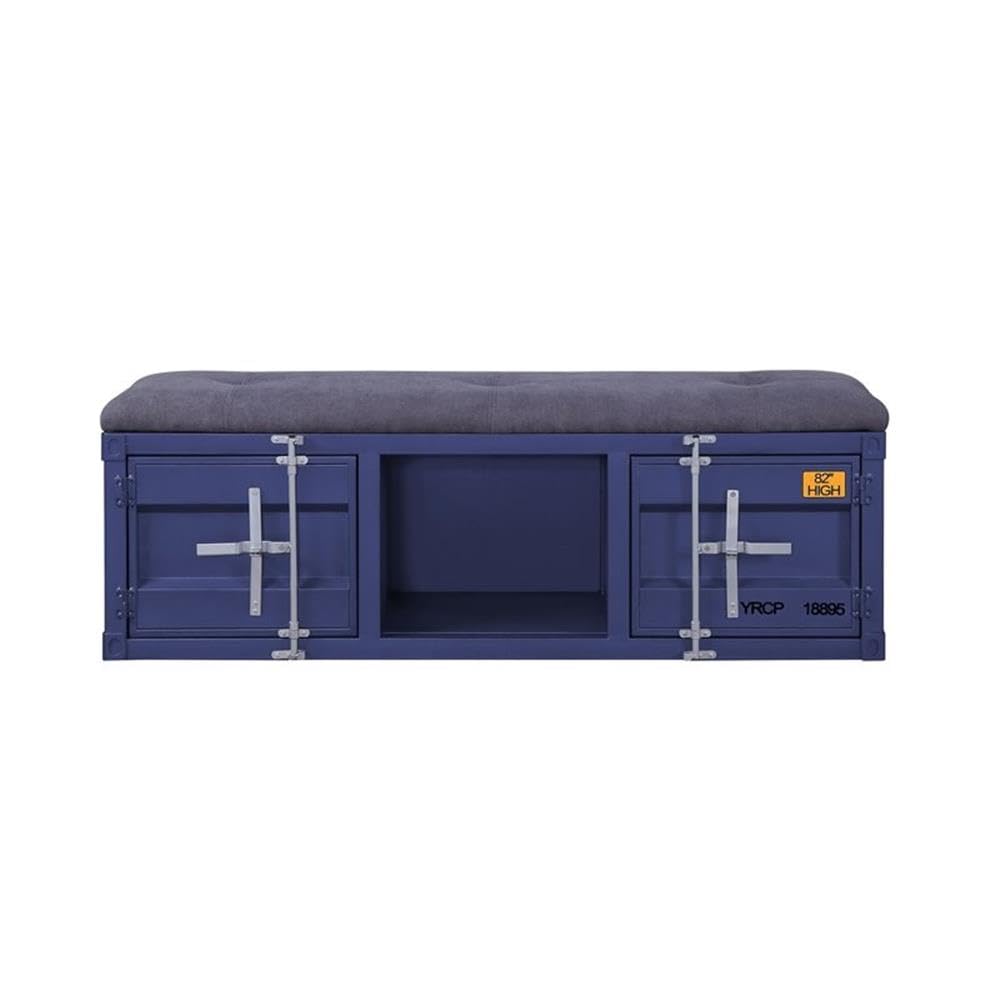 Acme Cargo Storage Bedroom Bench in Gray Fabric & Blue
