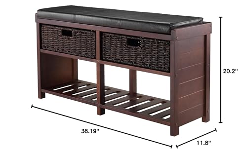 Ergode Colin Bench | Versatile & Stylish | Dark Faux Leather Cushion | 2 Corn Husk Baskets | Slated Shelf | Ample Comfort | Chocolate Brown | Sturdy Wood | (40438-VV)