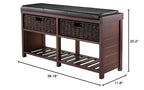 Ergode Colin Bench | Versatile & Stylish | Dark Faux Leather Cushion | 2 Corn Husk Baskets | Slated Shelf | Ample Comfort | Chocolate Brown | Sturdy Wood | (40438-VV)