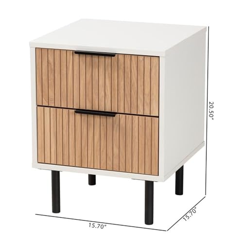 Baxton Studio Karima Mid-Century Modern Two-Tone White and Natural Brown Finished Wood and Black Metal 2-Drawer End Table