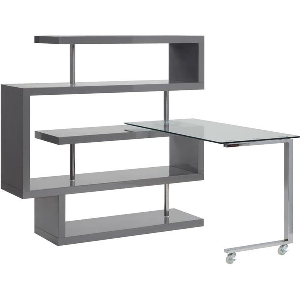 Acme Buck II Glass Top Writing Desk in Chrome and Gray High Gloss