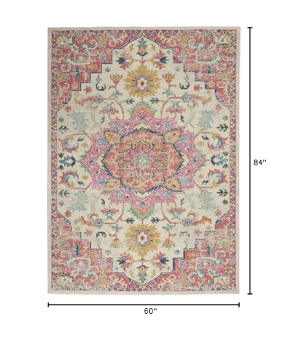 HomeRoots Ivory/Pink 100% Polypropylene 5’ x 7’ Ivory and Pink Medallion Area Rug