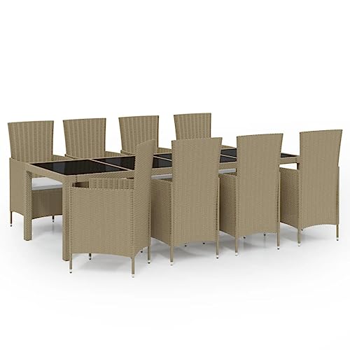 vidaXL Patio Dining Set 11 Piece with Cushions Garden Outdoor Terrace Balcony Dining Table and Chair Seat Seating Furniture Poly Rattan Beige