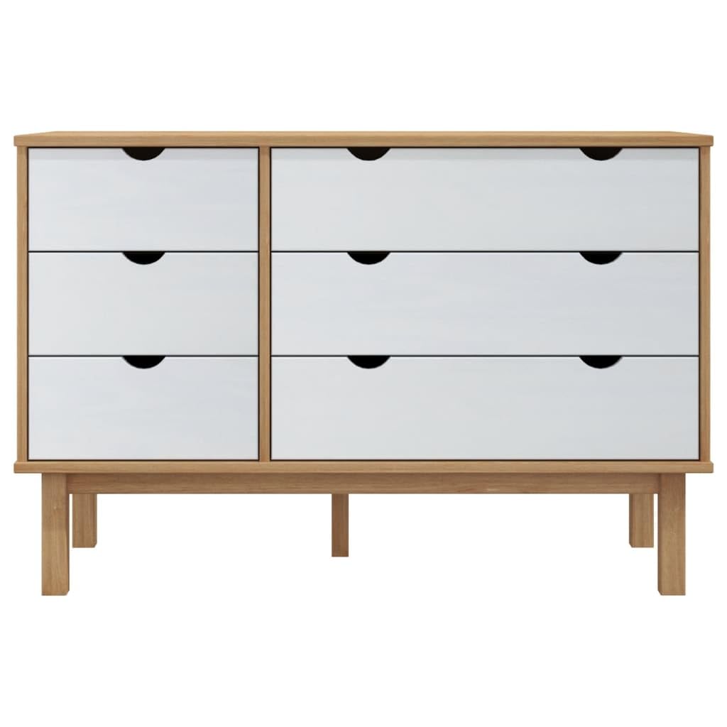 vidaXL Scandinavian Style Drawer Cabinet OTTA – Solid Pinewood, Brown and White, Spacious Storage Space with 6 Drawers, Sturdy Frame and Top, Flexible Installation, Complies with California Propos...