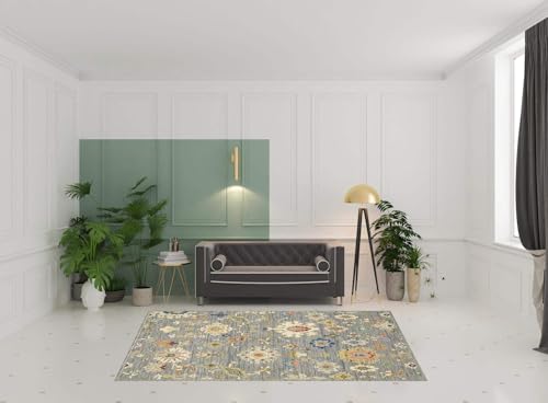HomeRoots 509321 6 x 9 ft. Gray Ivory Gold Salmon Red Blue & Green Oriental Power Loom Stain Resistant Rectangle Area Rug with Fringe