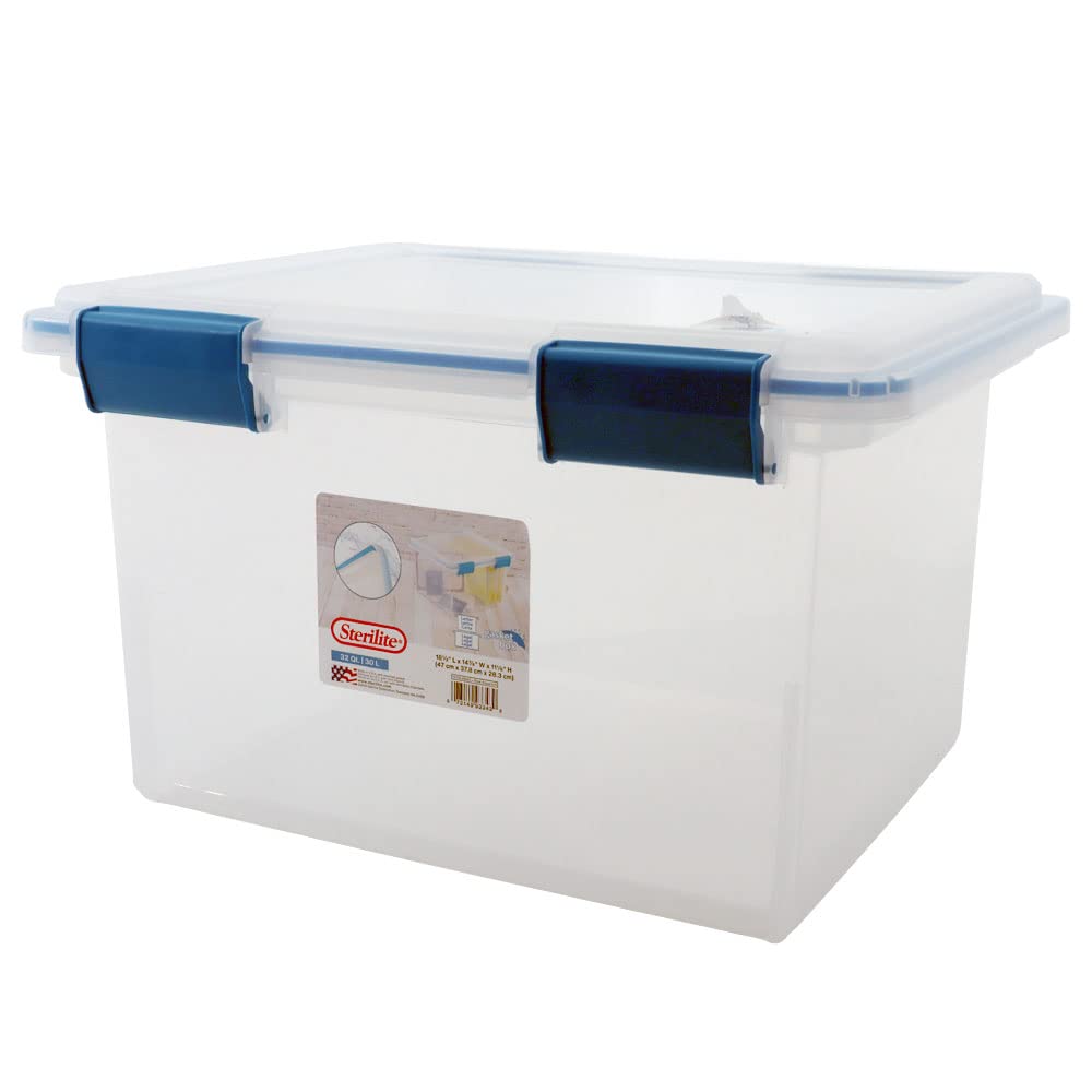 Sterilite 32 Qt Gasket Box, Stackable Storage Bin with Latching Lid and Tight Seal, Plastic Container to Organize Files, Clear B