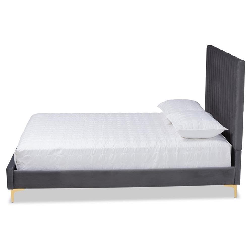 Baxton Studio Serrano Contemporary Glam and Luxe Grey Velvet Fabric Upholstered and Gold Metal Queen Size Platform Bed
