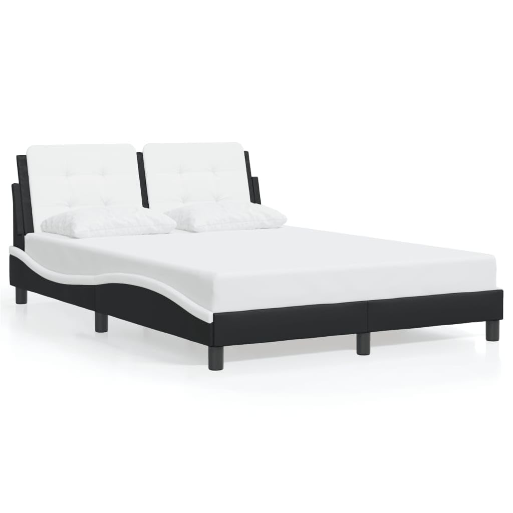 vidaXL Full Faux Leather Bed Frame with Headboard - Black/White - 53.9x74.8 - Modern Waved Design - Plywood Slats & Foam Headboard