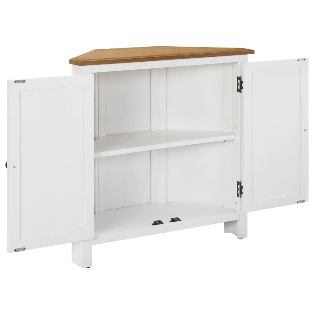 vidaXL Solid Oak Wood Corner Cabinet, Natural Finish Top, White Painted Body, Unique Wood Grain Details, 2 Shelves Storage, Farmhouse Style, Dimensions 31.5"x13.2"x30.7"
